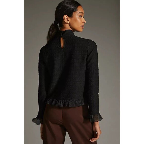 Anthropologie Blue Tassel Top Black Ruffle Turtleneck Pull Over M - Picture 2 of 10